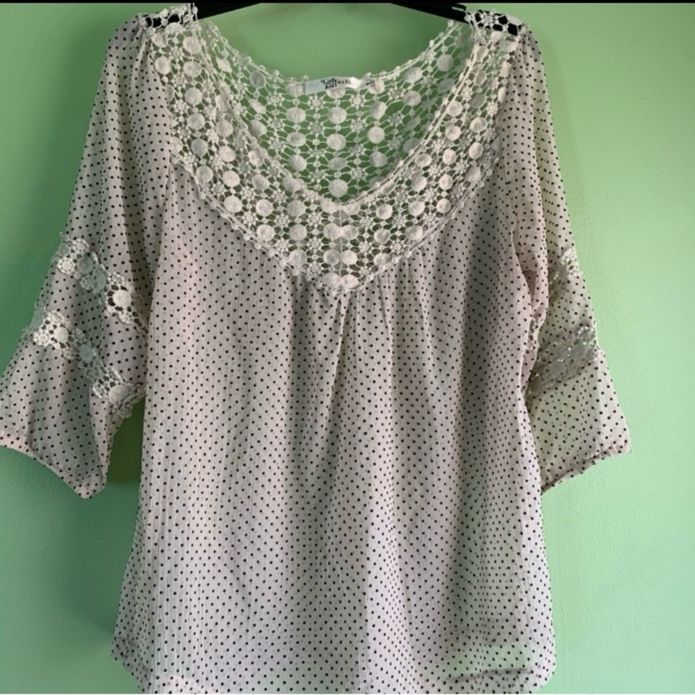 Cute, White, Lace Blouse with Small Polka Dots